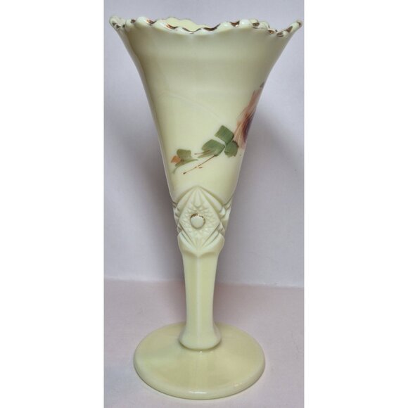 Jefferson Diamond W/ Peg Rose Decorated Custard Glass Vase Glows Art Deco - Picture 6 of 16